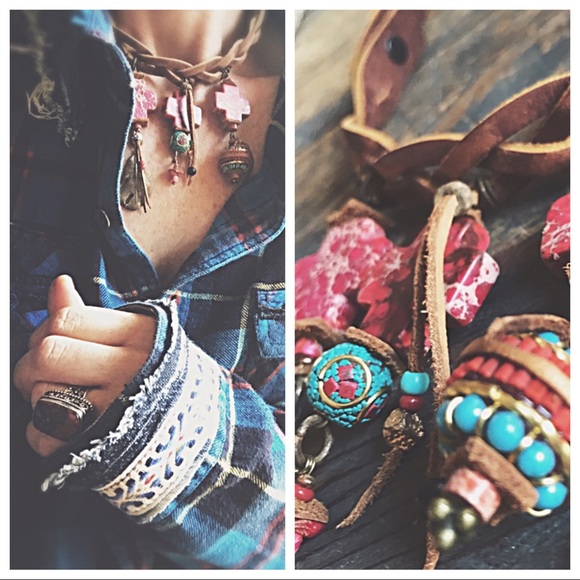 Vintage Spiderwear Jewelry - Three piece: Metal, leather, beads &Jasper